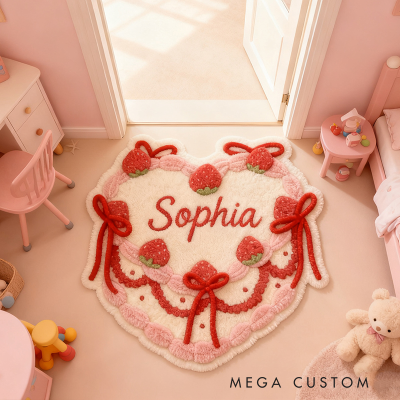 Personalized Strawberry Cake Custom Name Soft Decorative Gift Sweet Dessert Style Cozy Nursery Pink Red Ribbon Lovely Cute Baby Room Playtime Graphic Carpet Rug for Kids