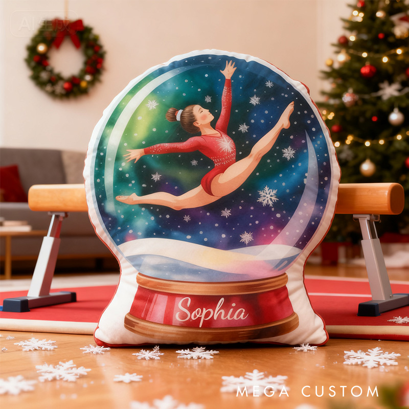 Personalized Watercolor Gymnastic Snow Globe Shaped Pillow for Gymnastic Lovers Pillow Christmas Gift for Kids