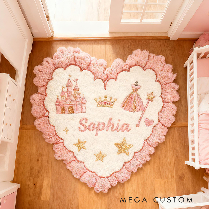 Personalized Princess Heart Custom Name Soft Decorative Gift Magical Castle Style Cozy Nursery Pink Crown Star Dress Lovely Fairy Tale Room Graphic Carpet Rug for Kids