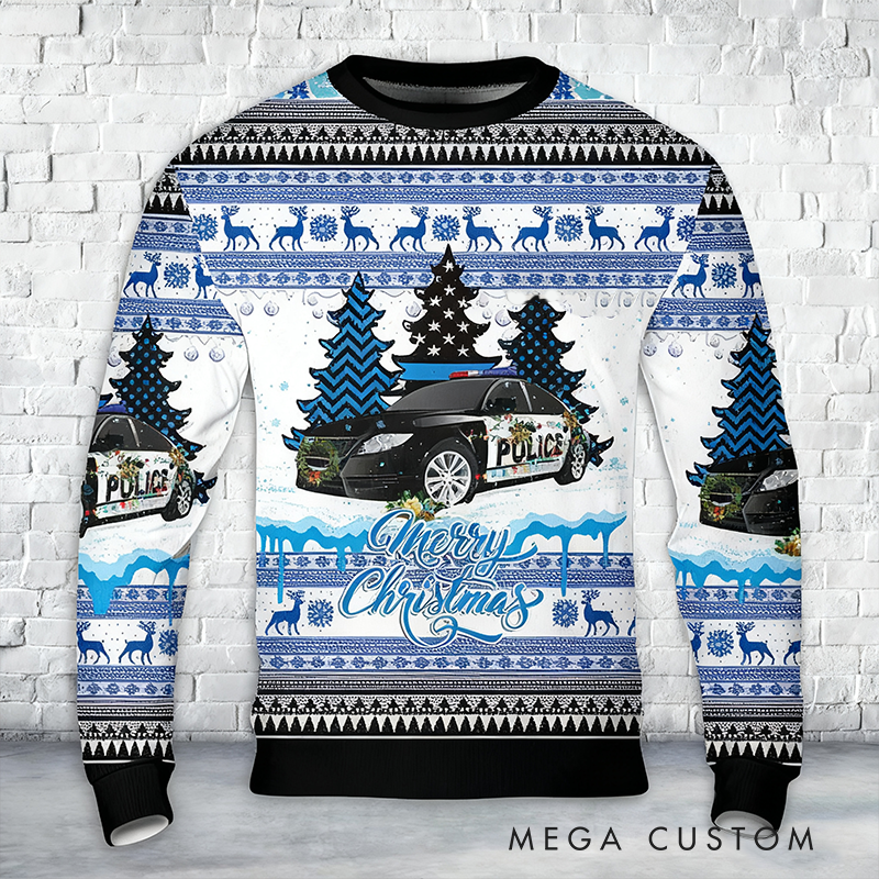 Personalized Police Themed Ugly Christmas Sweater Christmas Gift for Law Enforcement Fans Police Officer