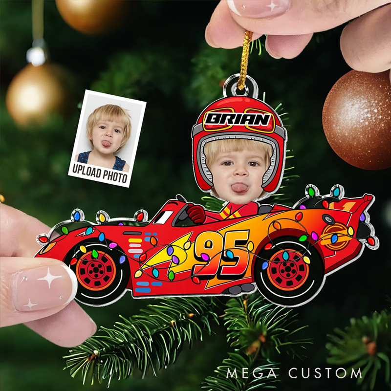 Personalized Photo Racing Car Ornament Custom Design Fun Gift for Kids and Families