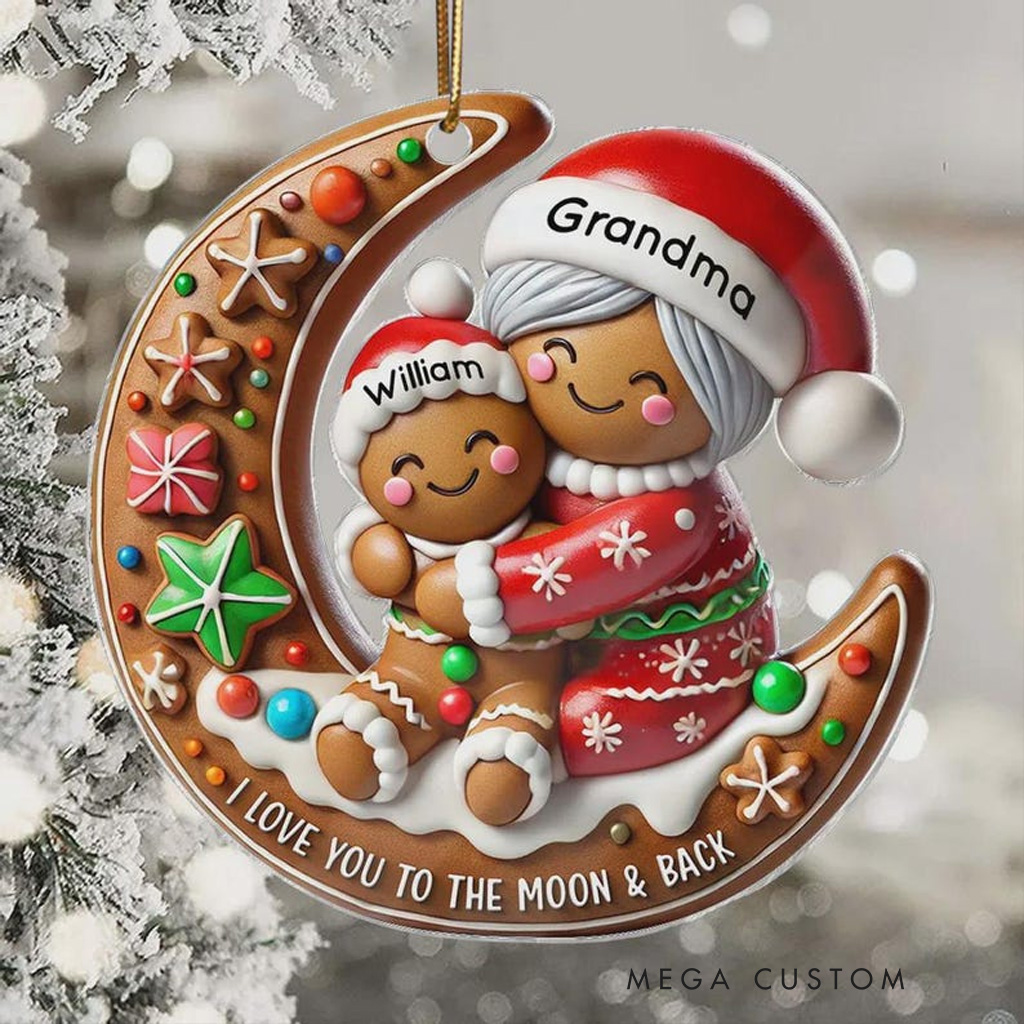 Personalized I Love You to the Moon and Back Christmas Ornament Gingerbread Grandma and Grandchild Moon Ornament for Family Acrylic Christmas Keepsake Baking Lover Christmas Gift