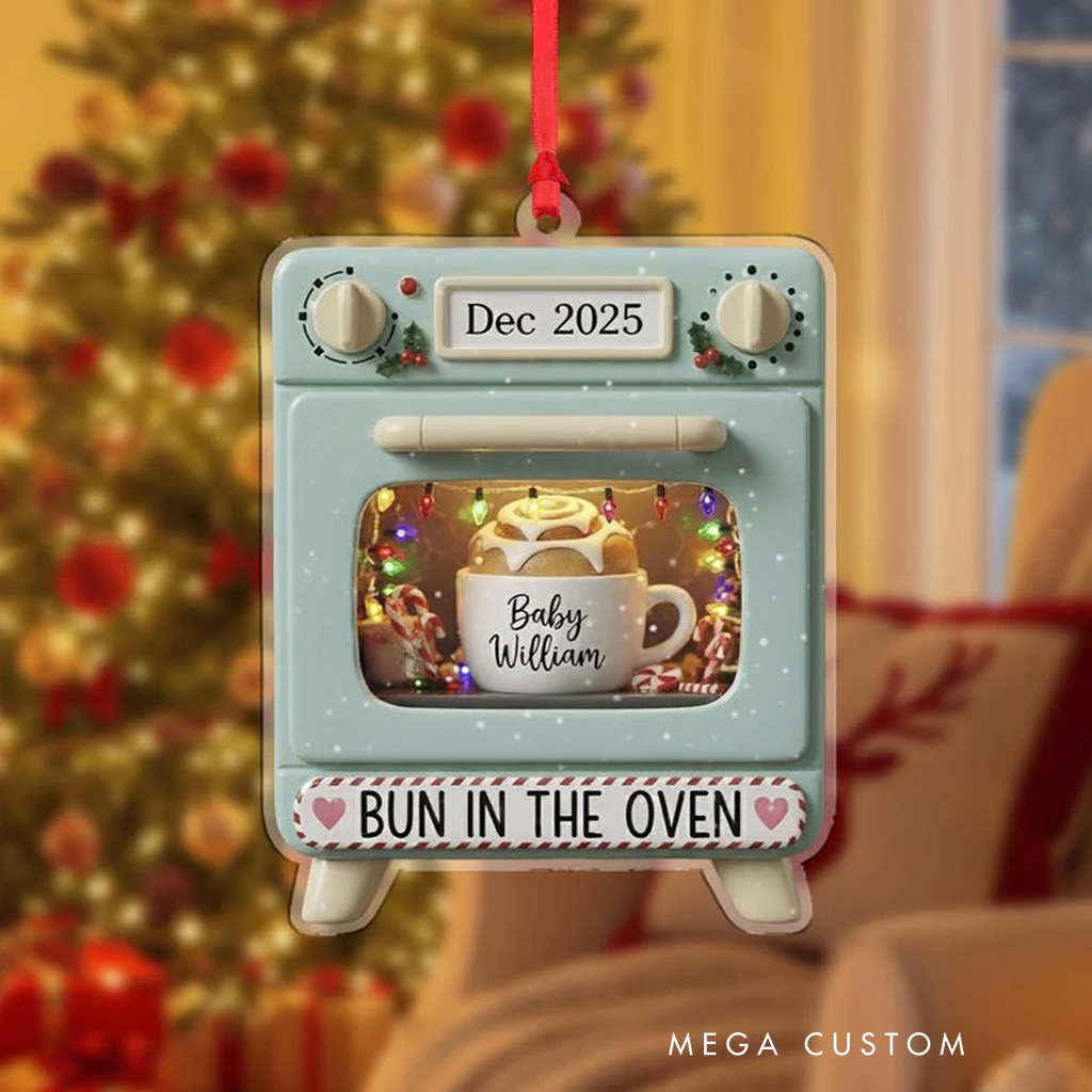 Personalized Bun in Oven Christmas Ornament Rustic 2D Acrylic Ornament for Pregnancy Announcement Christmas Gift