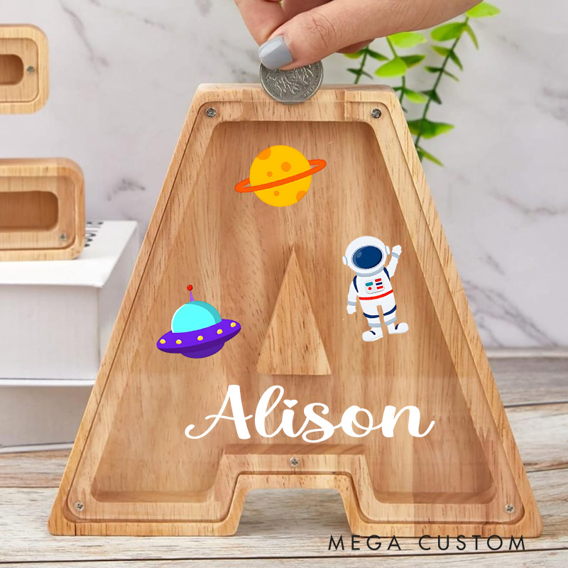 Personalized Large Wooden Kids Letter Piggy Bank Wood Gift for Kids Custom Name Coin Bank Wood Alphabet Letter Bank Money Box