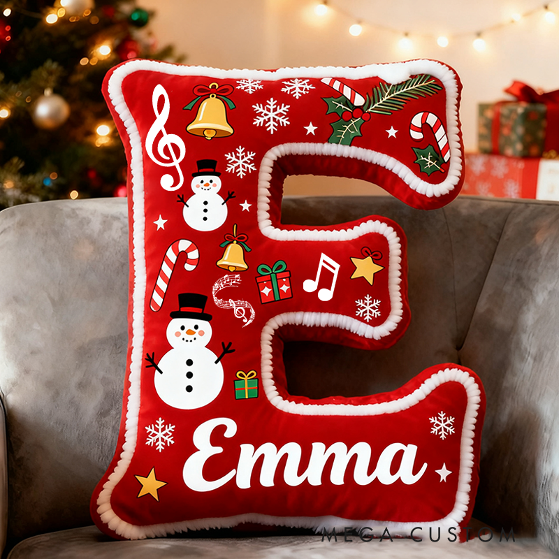 Personalized Name Festive Christmas Letter Pillow Red and Green Design Snowflakes Bells and Holiday Cheer Graphic 3D Print Pillow