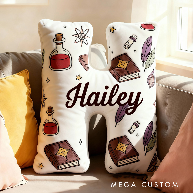 Personalized Magic Book Alphabet Throw Pillow Bookworm Letter Pillow with Name Vintage Bookish Initial Kids Pillow Gift for Book Lover