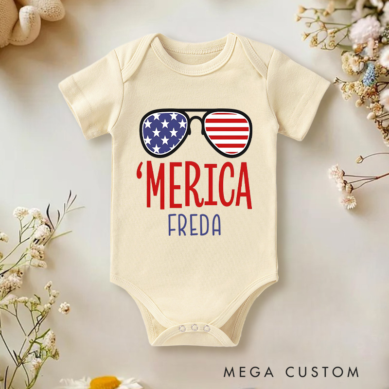 Personalized Merica Glasses Fourth of July Baby Onesie Newborn Baby Gift
