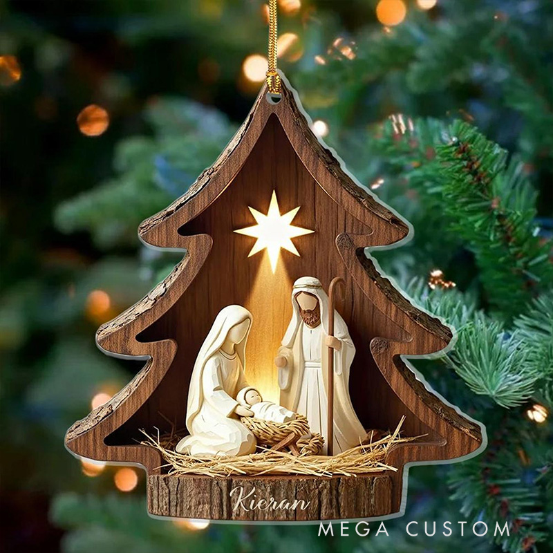 Personalized Nativity Scene Christmas Tree Acrylic Christian Ornament with Family Name Holiday Tree Decor Religious Gift Christmas Gift for Christian