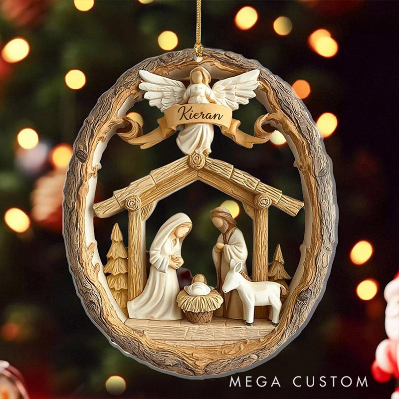 Personalized Nativity Scene Angel Acrylic Christian Christmas Ornament with Family Name Holiday Tree Decor Religious Gift Christmas Gift for Christian