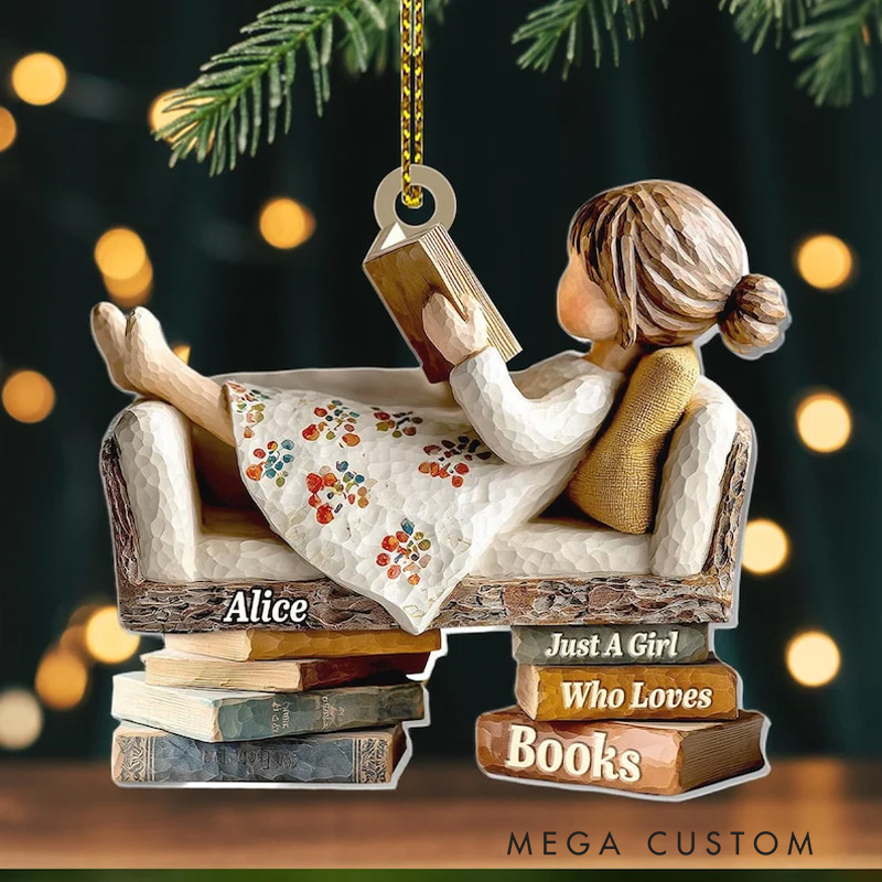 Personalized Just a Girl Who Loves Books Acrylic Christmas Ornament Holiday Tree Decor with Name Reader Gift for Bookworms Librarians