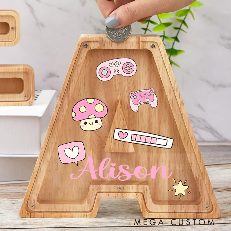 Personalized Large Wooden Kids Letter Piggy Ban Custom Initial Wood Coin Bank Alphabet Letter Bank Money Box Gift for Kids Game Lover