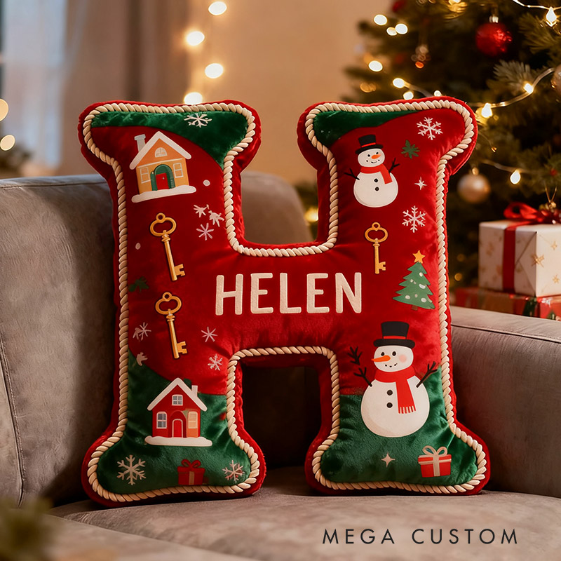 Personalized Christmas Initial Pillow Graphic 3D Print Custom Name Pillow Holiday Gift Cozy Home Accent Soft Cushion Gift for Kids Family