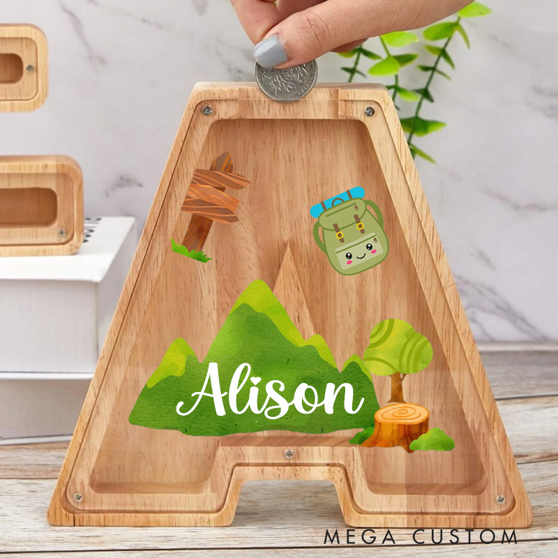 Personalized Large Wooden Kids Letter Piggy Ban Custom Initial Wood Coin Bank Alphabet Letter Bank Money Box Gift for Kids Outdoors Adventure Lover