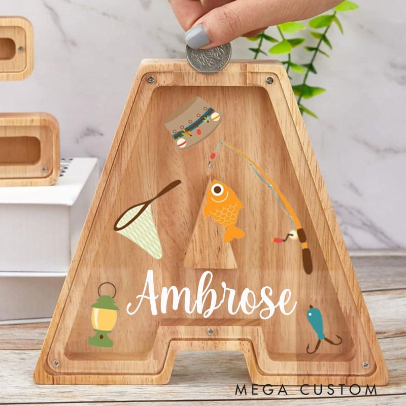 Personalized Fishing Themed Letter-Shaped Piggy Bank Custom Wooden Coin Bank Gift for Kids and Fishing Lovers