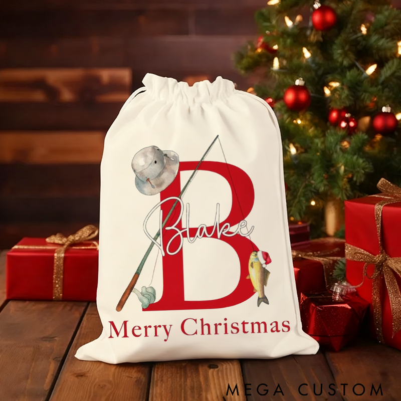 Personalized Fishing Themed Christmas Gift Bag Custom Name Santa Sack for Fishing Lovers Perfect Holiday Decoration and Gift Storage