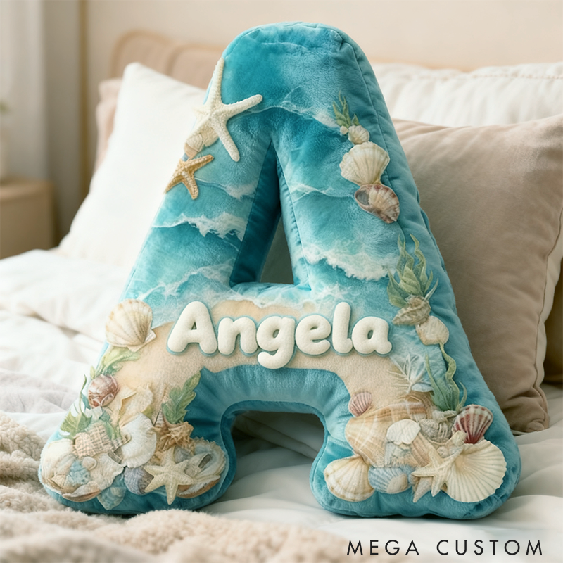 Personalized Seaglass Style Initial Pillow Custom Ocean Style Letter Pillow 3D Graphic Print Home Decor Throw Pillow for Girl Friend Beach Keepsake Pillow