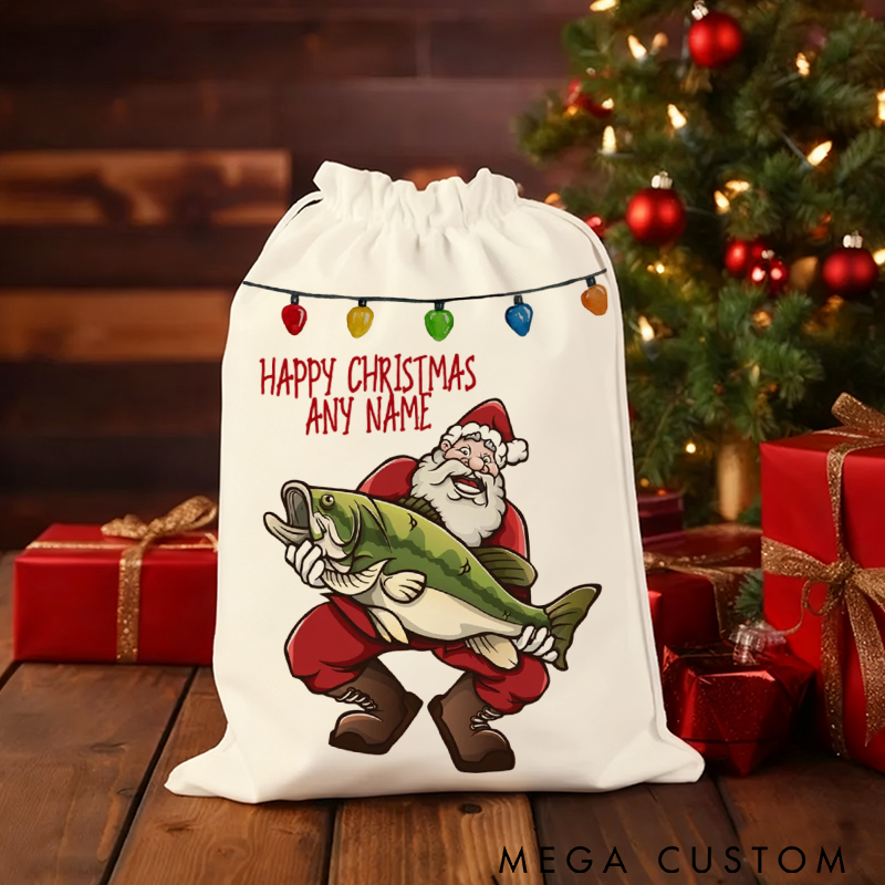 Personalized Fishing Santa Christmas Gift Bag Custom Name Holiday Sack for Fishing Enthusiasts Perfect for Gifts and Festive Decor
