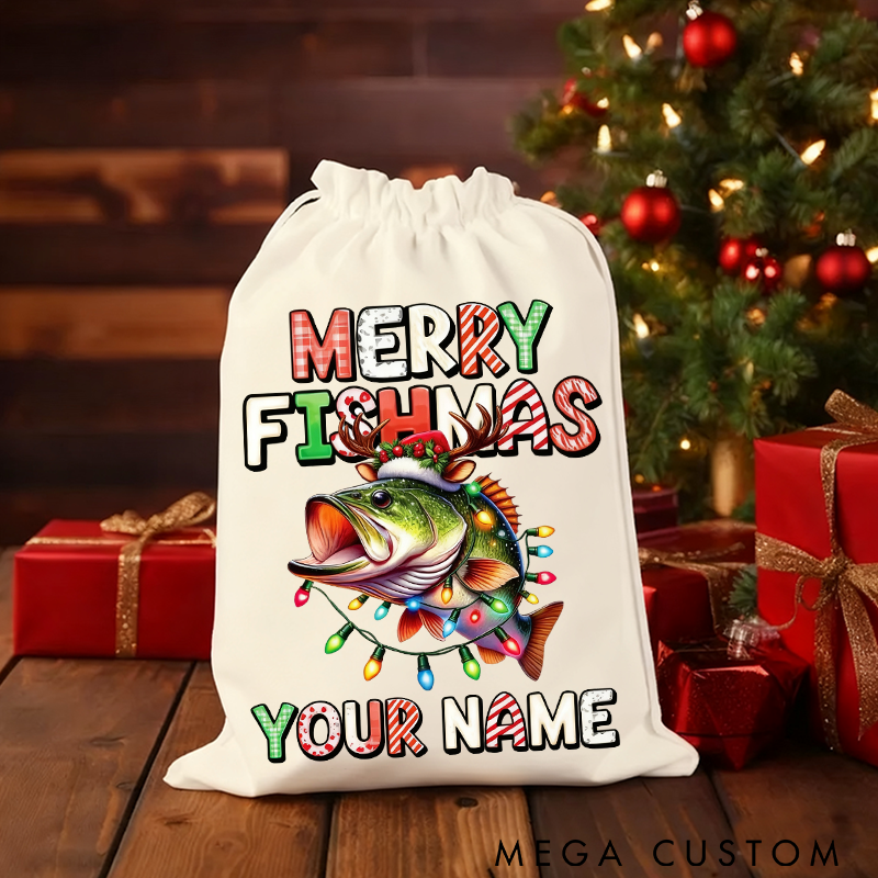 Personalized Merry Fishmas Gift Bag Custom Name Christmas Sack for Fishing Lovers Funny Holiday Decoration and Gift Storage