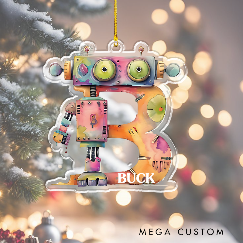 Personalized Watercolor Robot Alphabet Christmas Ornamente Gift for Kid