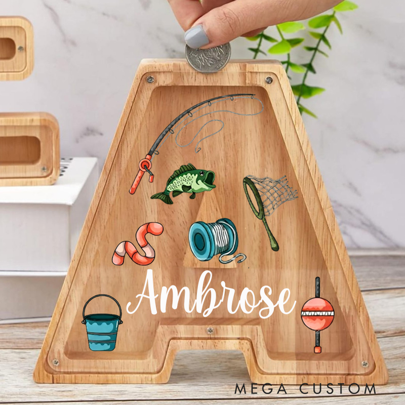 Personalized Fishing Themed Letter Coin Bank Custom Name Wooden Money Box for Fishing Lovers Unique Gift and Home Decor