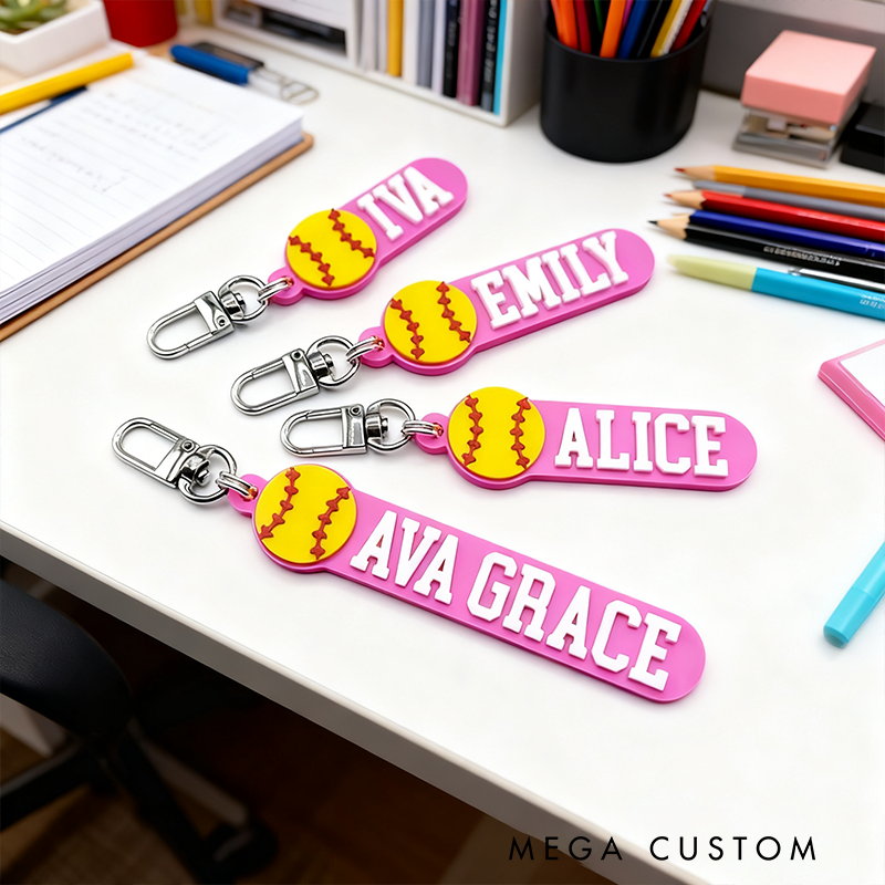 Personalized Softball Keychain with Custom Name and 3D Softball Design