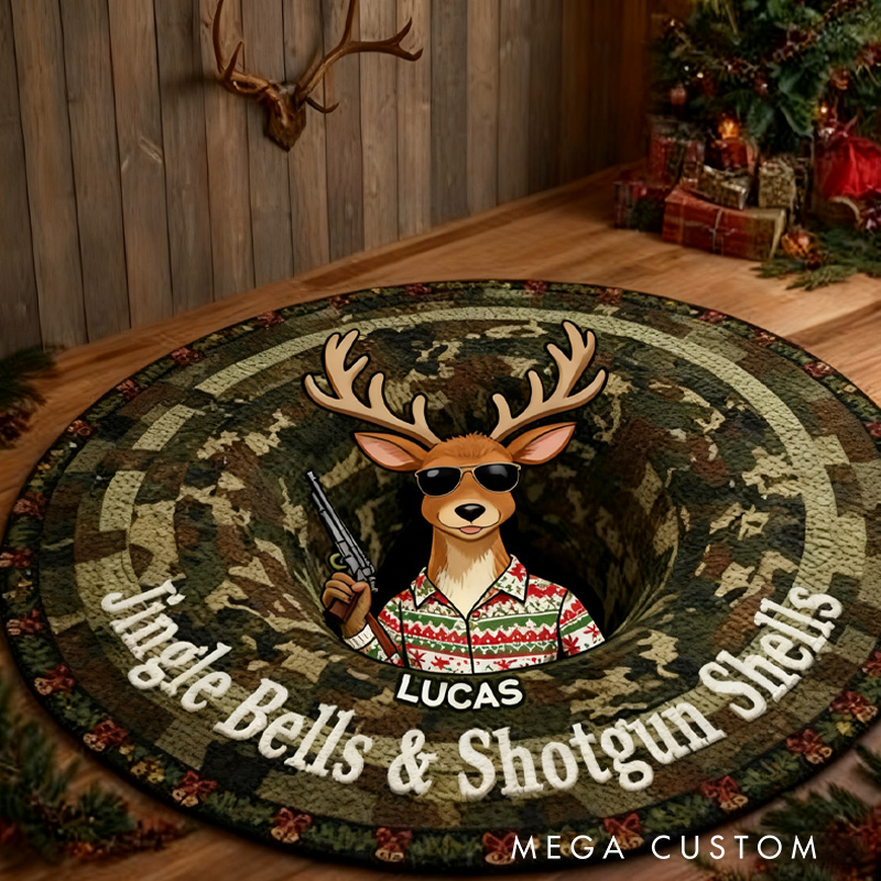 Personalized Christmas Gifts for Deer Hunter Round Mat Jingle Bells & Shotgun Shells Rug Gift for Hunting Lover