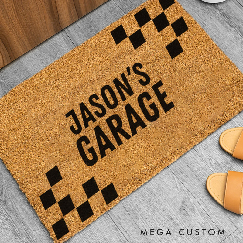 Personalized Racing Checkered Flag Doormat Custom Text Garage Entrance Mat Gift for Car Lovers