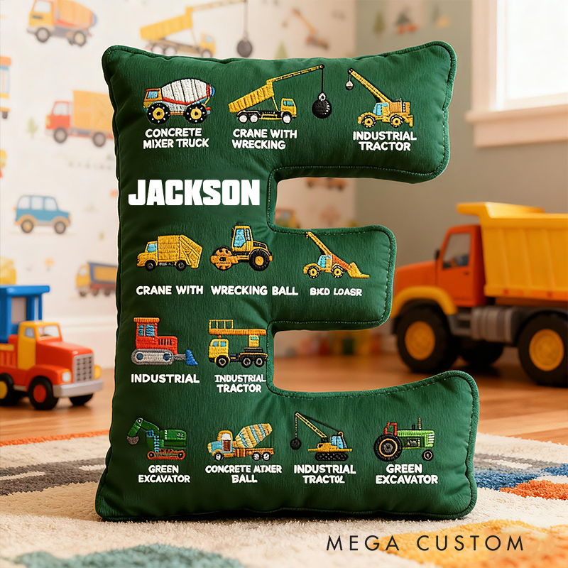 Personalized Construction Letter Custom Name Soft Decorative Gift Builder Truck Style Cozy Bedroom Blue Crane Excavator Tractor Vehicle Fun Boy Room Graphic 3D Print Pillow