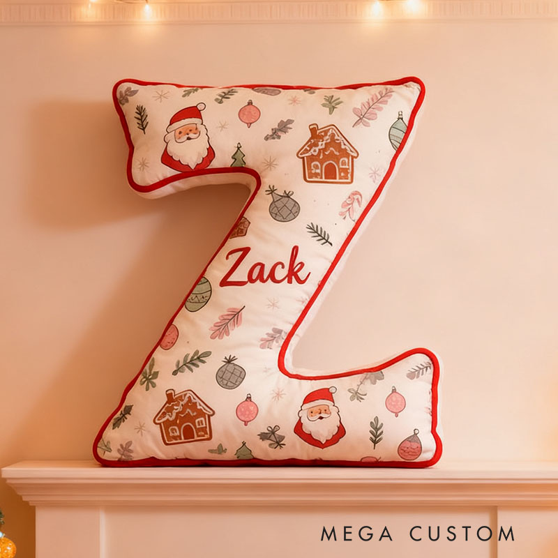 Personalized Christmas Letter Pillow Graphic 3D Print Custom Name Festive Decor with Santa Gingerbread Ornaments Design Soft Home Accent