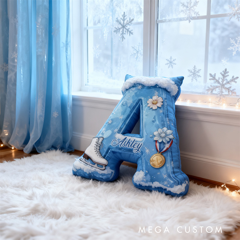 Personalized Graphic 3D Print Snowy Ice Skating Alphabet Shaped Pillow for Ice Skate Lovers Initial Pillow Christmas Gift for Kids