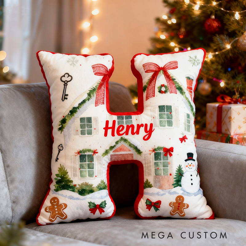 Personalized Initial Pillow Custom Name Christmas House Pillow Holiday Gift Cozy Home Soft Cushion Gift for Kids Family Housewarming Gift
