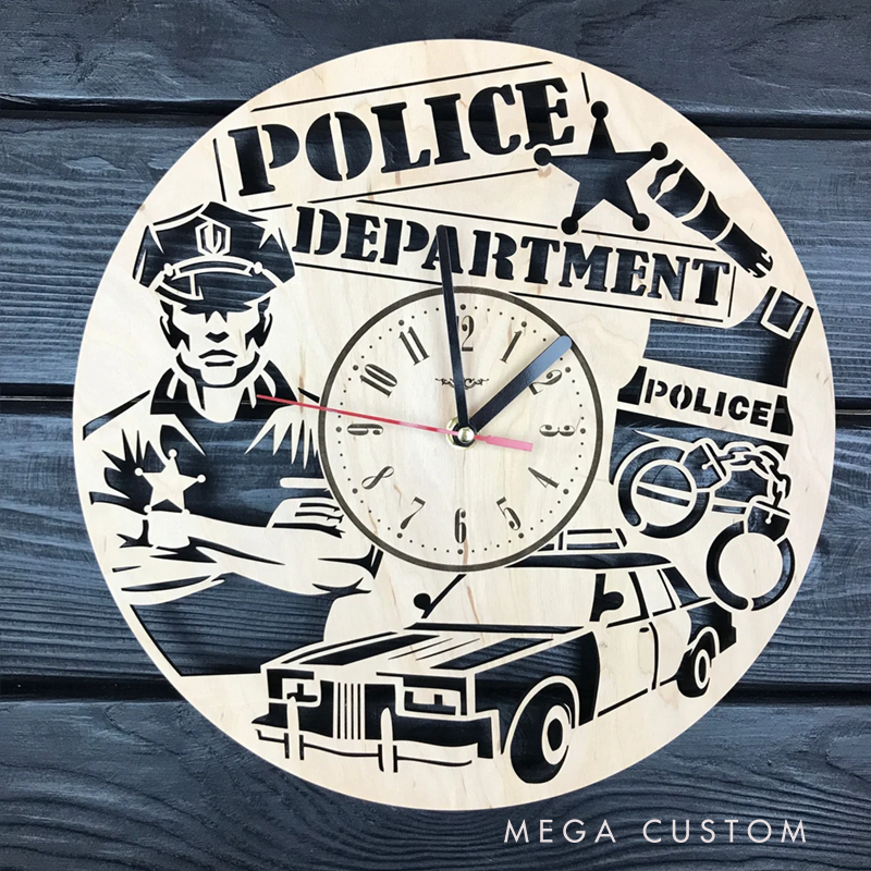 Personalized Police Department Wooden Wall Clock with Engraved Design Gift for Police Officers and Law Enforcement
