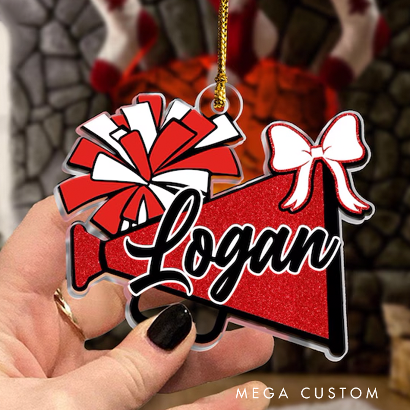 Personalized Acrylic Cheerleading Christmas Ornament with Custom Name, Megaphone, and Bow Design
