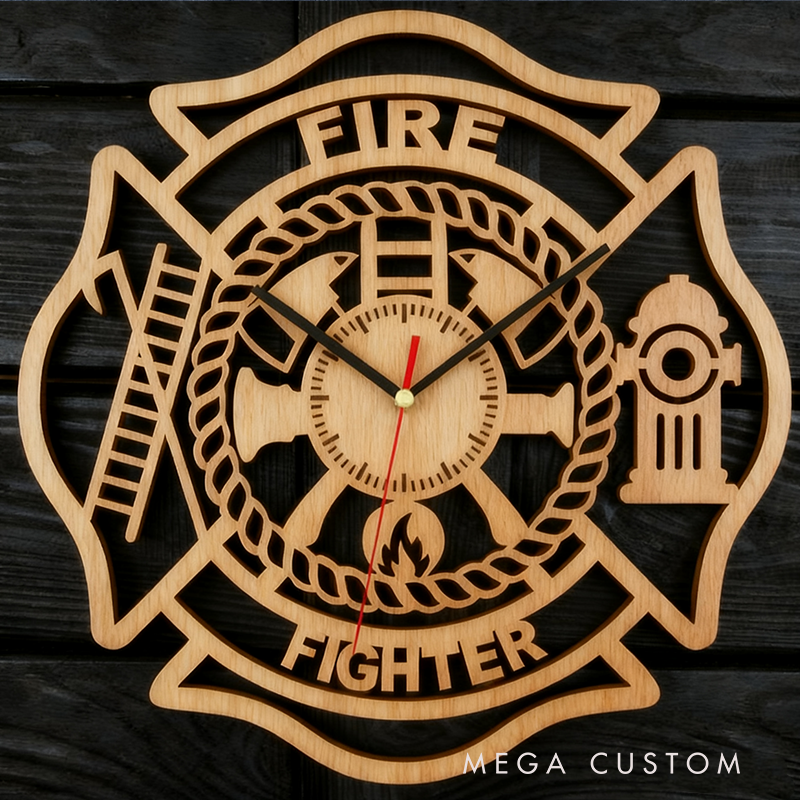 Personalized Firefighter Maltese Cross Wooden Wall Clock with Engraved Design Gift for Firefighters and Everyday Heroes