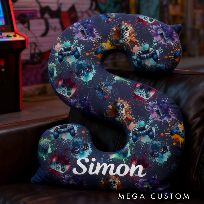 Personalized Video Game Controller Pillow Watercolor Alphabet Game Pillow Gift for Kid Game Lover