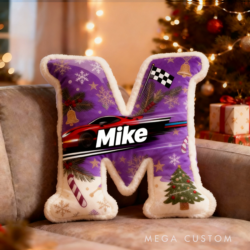 Personalized Racing Themed Letter Pillow Christmas Gift for Car Enthusiasts and Motorsport Fans