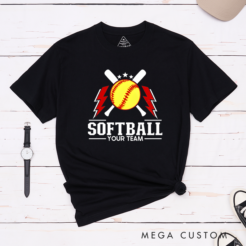 Personalized Softball Team T-Shirt Design Featuring Customizable Team Name Bold Softball Graphics Crossed Bats and Striking Lightning Elements