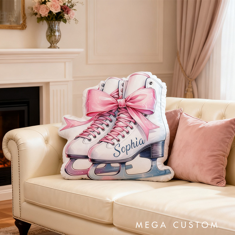 Personalized Graphic 3D Print Ice Skates With Bow Tie Shaped Pillow for Ice Skate Lovers Pillow Christmas Gift for Kids