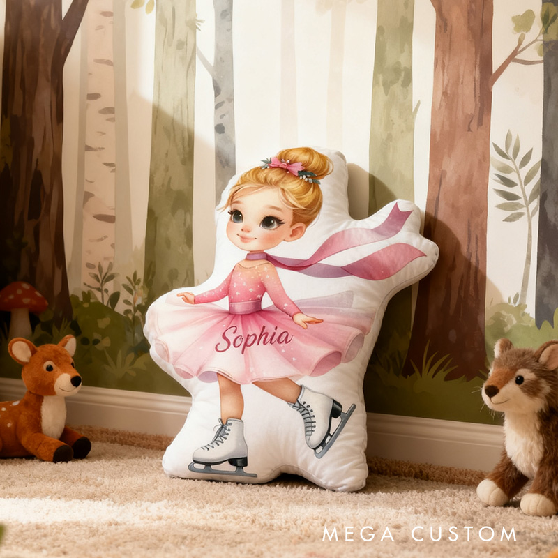 Personalized Graphic 3D Print Ice Skating Pink Girl Shaped Pillow for Ice Skate Lovers Pillow Christmas Gift for Kids