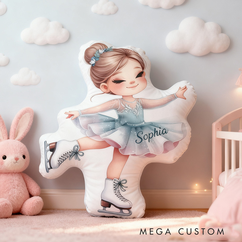 Personalized Graphic 3D Print Ice Skating Blue Girl Shaped Pillow for Ice Skate Lovers Pillow Christmas Gift for Kids