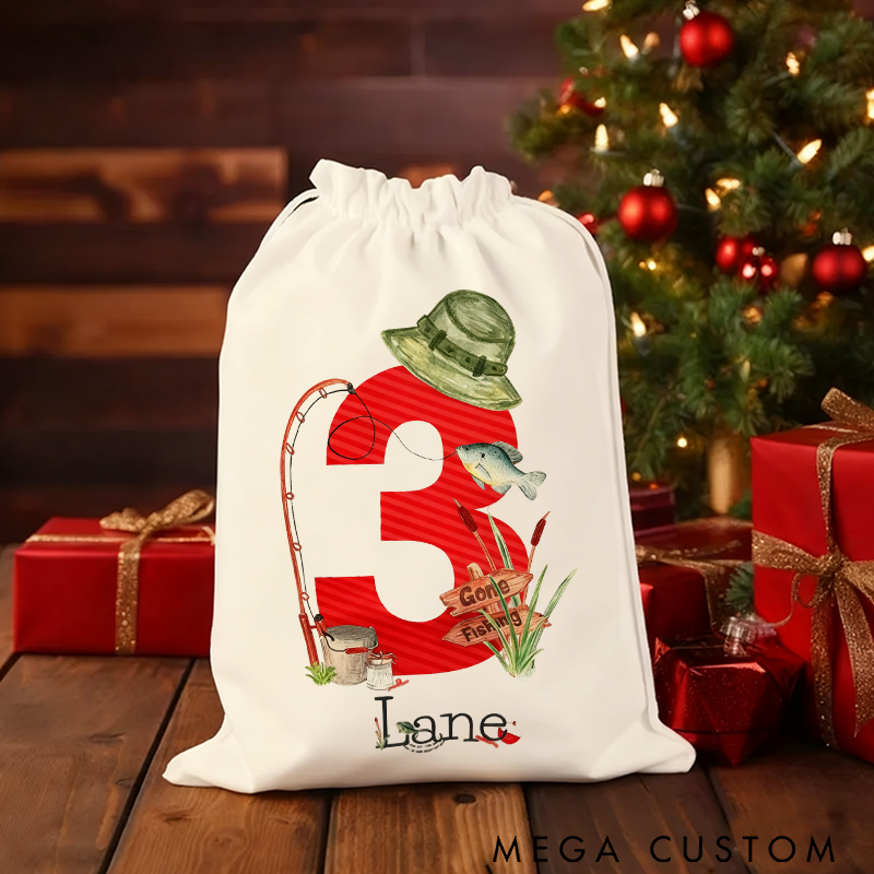 Personalized Fishing Gift Bag Christmas Children Gift Bag Custom Name and Number Design with Fishing Theme Perfect for Christmas Gifts or Fishing Gear Storage