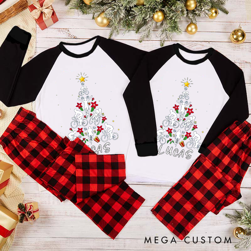 Personalized Christmas Pajama Set Cycling Christmas Pajamas Christmas Tree Bicycle Bike Love Xmas Gift Pajamas Matching Family Perfect for Holiday and Rider Riding Lover
