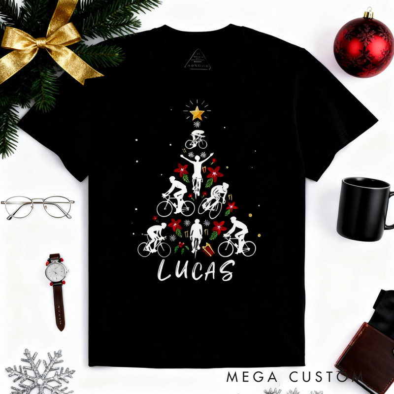 Personalized Classic T-shirt Christmas Tree Bicycle Bike Love Xmas Gift T shirt Funny Bicycle Christmas Sweatshirt Bike Riding Lover Gift Christmas Cyclist Shirt for Riding Lovers