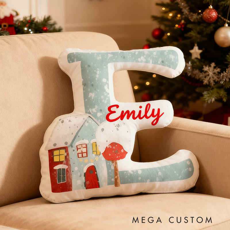 Personalized Initial Pillow with Winter Snowy Houses Custom Name Christmas House Pillow Gift for Kids Family Housewarming Gift