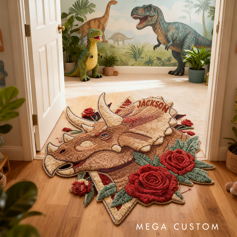 Personalized Triceratops Custom Name Soft Decorative Gift Adventure Style Cozy Bedroom Brown Red Rose Wild Prehistoric Animal Fun Explorer Boy Room Graphic 3D Print Pillow