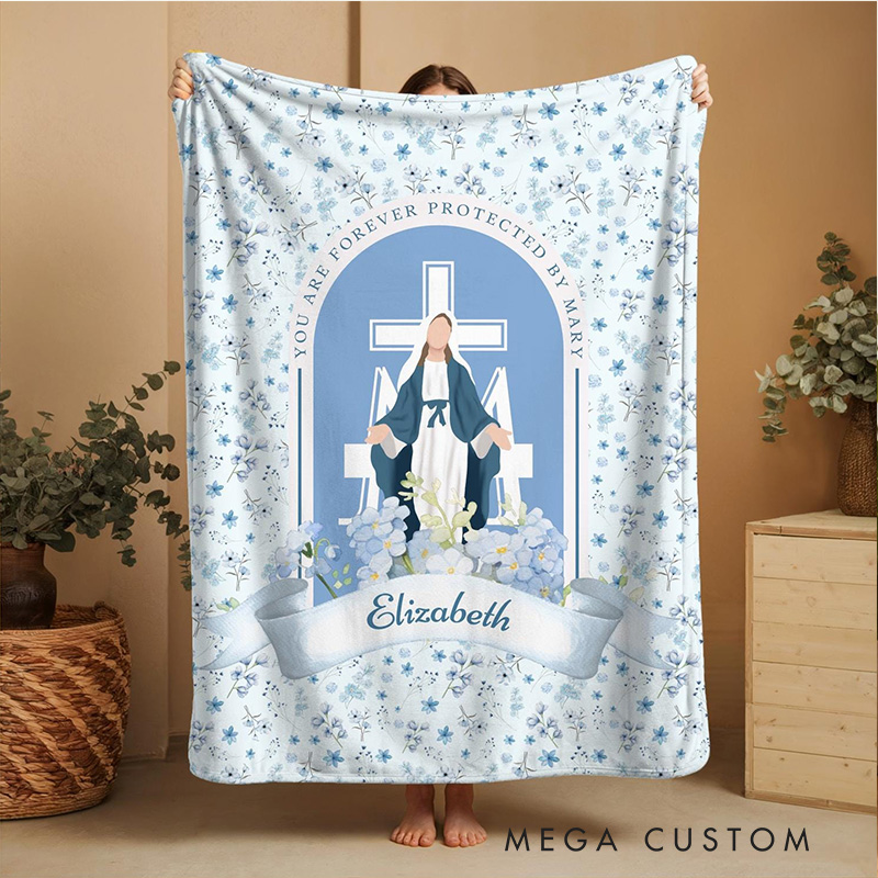 Personalized You are Forever Protected by Mary Soft Throw Blanket with Name Blue White Floral Marian Catholic Plush Blanket Religious Baptism Gift