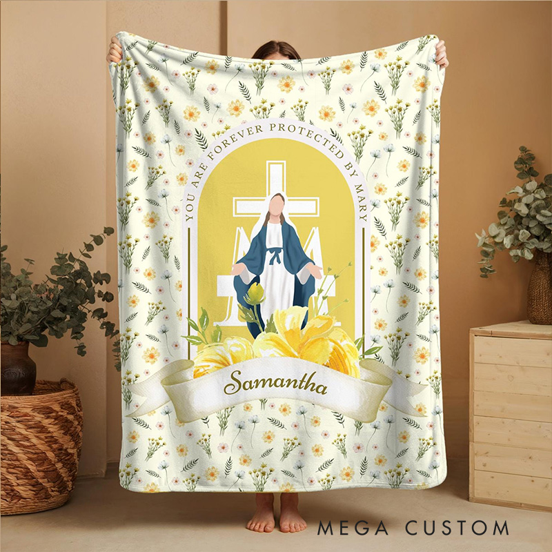 Personalized You are Forever Protected by Mary Soft Throw Blanket with Name Yellow White Floral Marian Catholic Plush Blanket Religious Baptism Gift