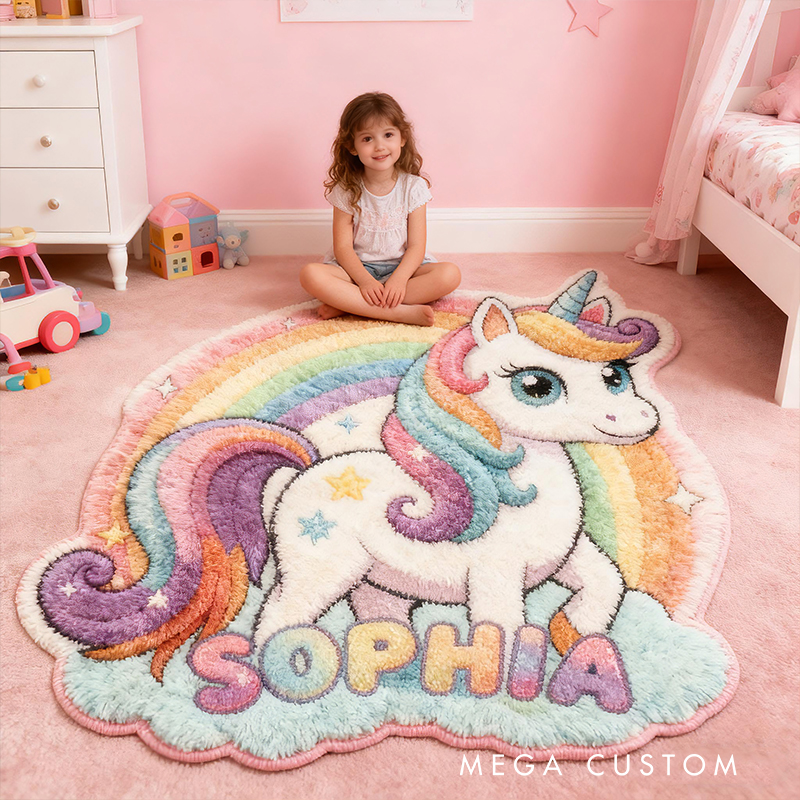 Personalized Rainbow Horse Rainbow Custom Name Soft Decorative Gift Magical Fantasy Style Cozy Nursery Pink Purple Star Dream Lovely Cute Baby Room Playtime Sweet Carpet Rug for Kids