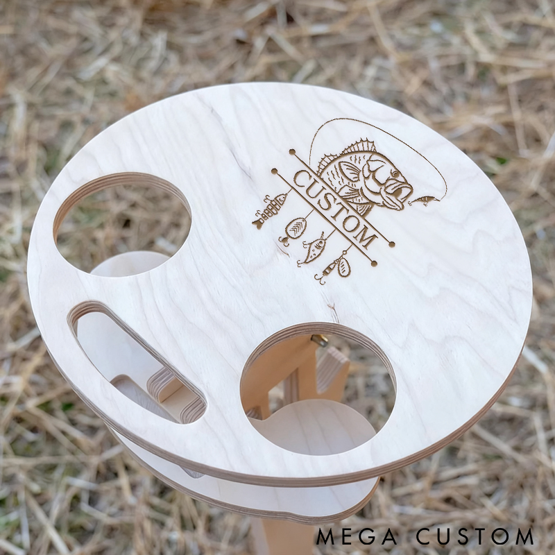 Portable Fishing Wine and Beer Storage Engraved Wooden Design with Cup Holders Perfect for Outdoor Fishing Camping and Picnics
