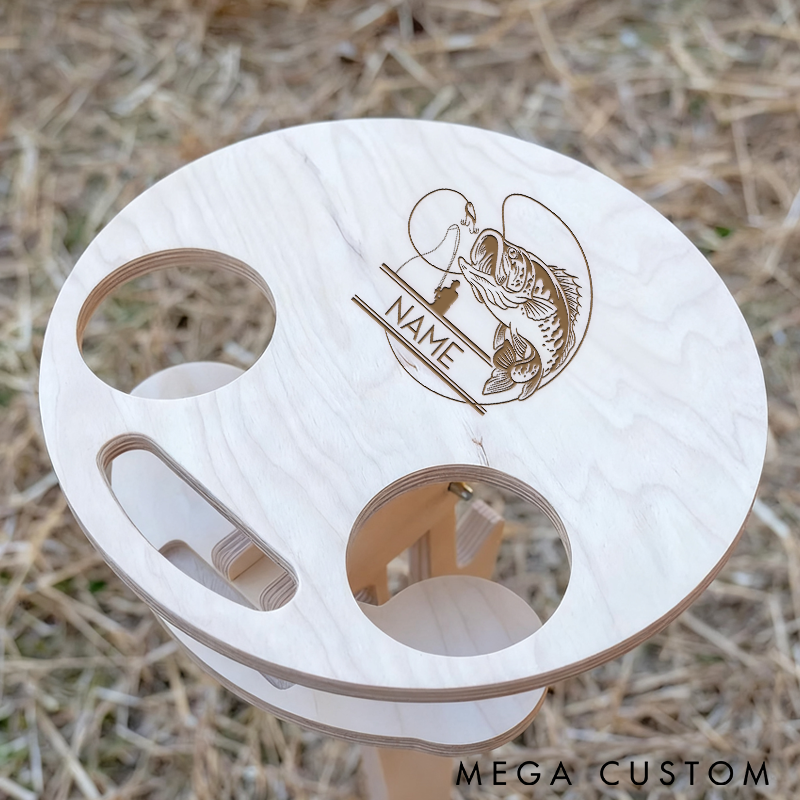Personalized Fishing Wine and Beer Storage Engraved Wooden Design Custom Name Portable Outdoor Table with Cup Holders for Fishing and Camping